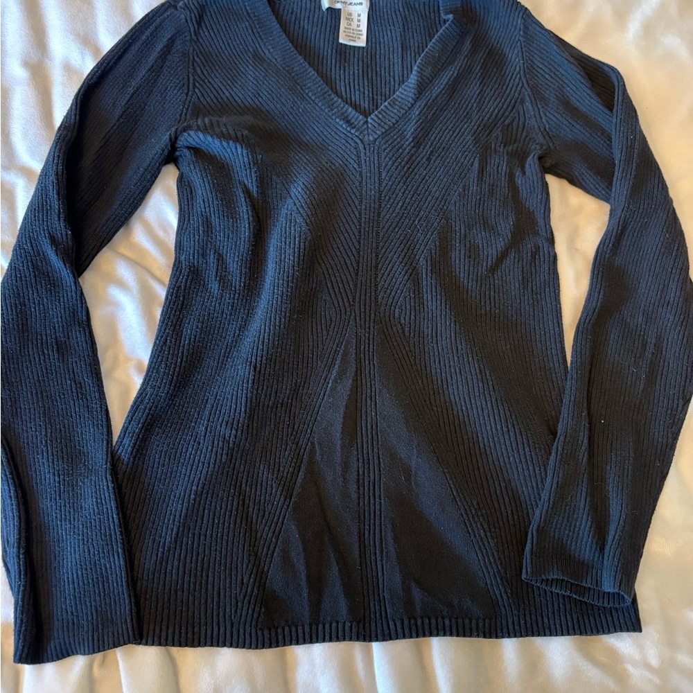 DKNY Black V-Neck Ribbed Long-Sleeve Sweater